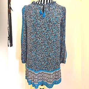 Loft Beach Boho Tunic Blue & Black Ditsy Floral Long Sleeve Top Cotton Small